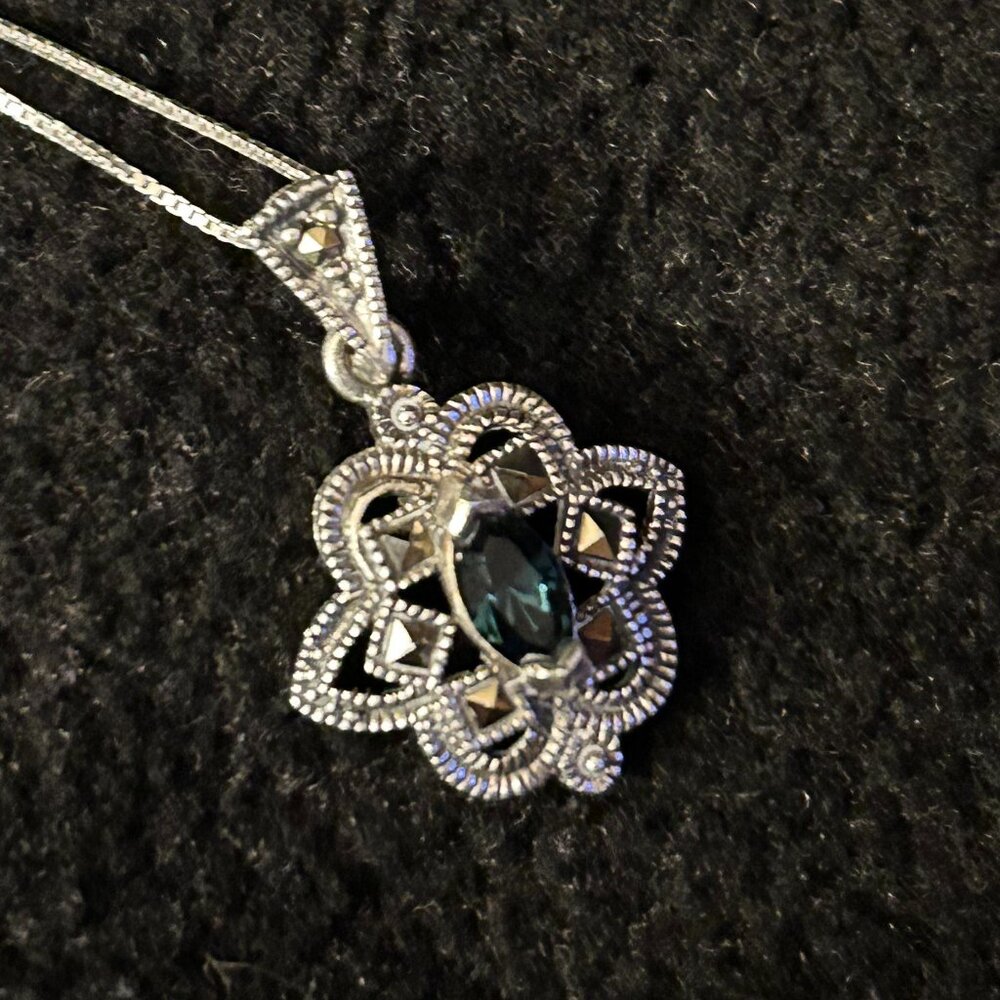 Marcasite and Blue Stone Necklace - Picture 2 of 6